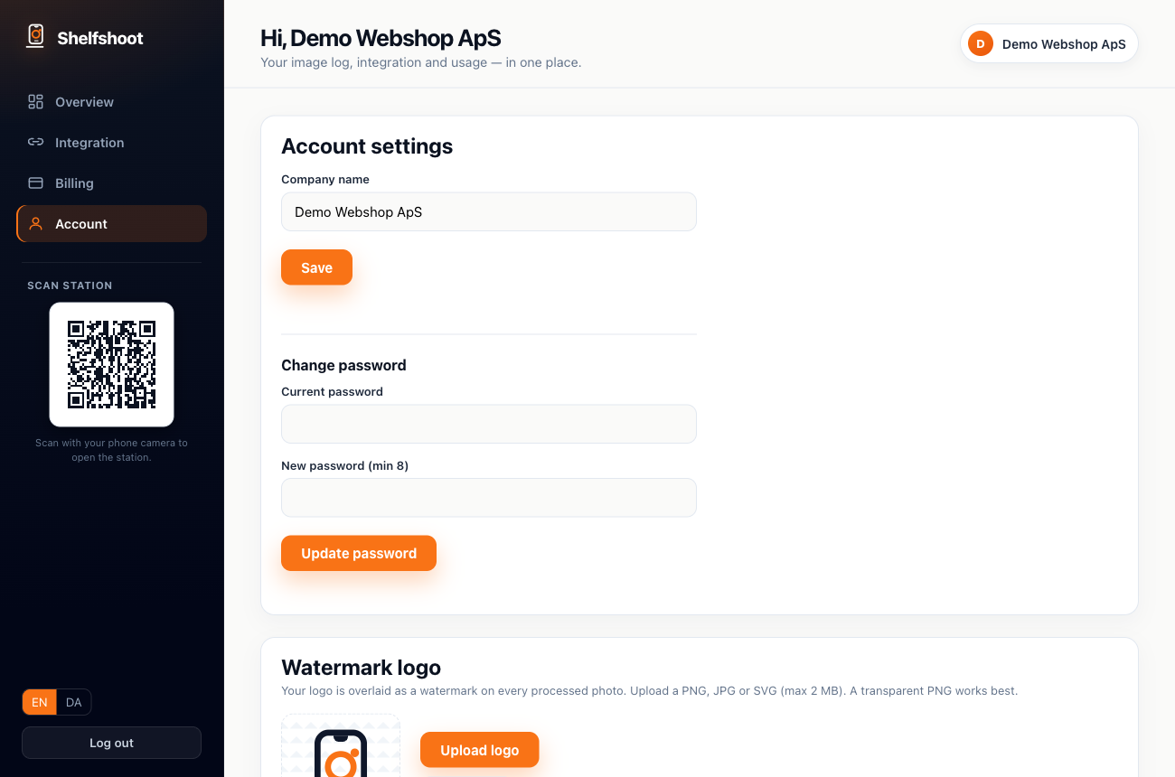 The Account tab with the watermark logo upload and company settings
