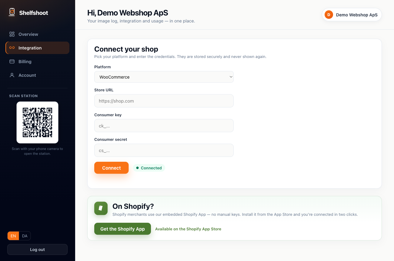 The Integration tab: a platform selector with store URL and API key fields, plus a “Get the Shopify App” card