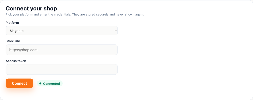 The Magento connect screen in the Shelfshoot portal