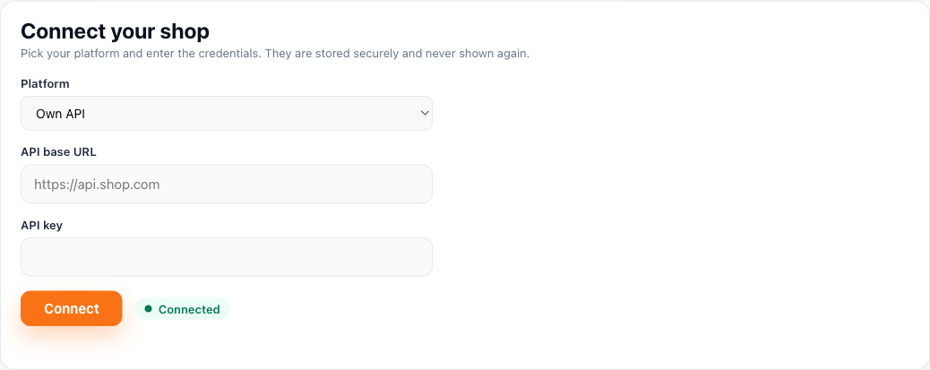 The Own API connect screen in the Shelfshoot portal
